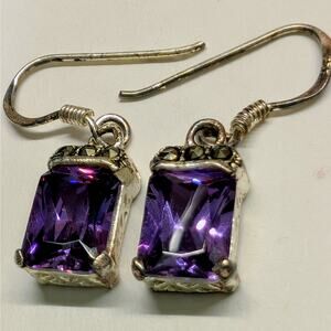 Vintage Sterling Silver Purple Glass Marcasite Dangle Earrings 925 Hook Drop